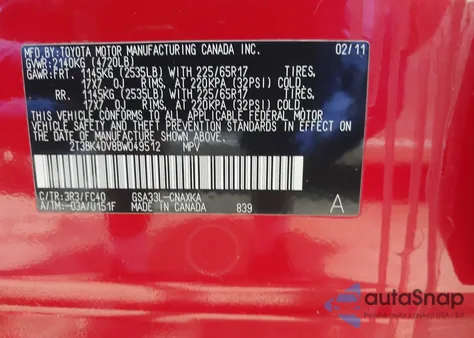 2011 Toyota Rav4 Base V6 из США, поврежденный, VIN 2T3BK4DV8BW049512